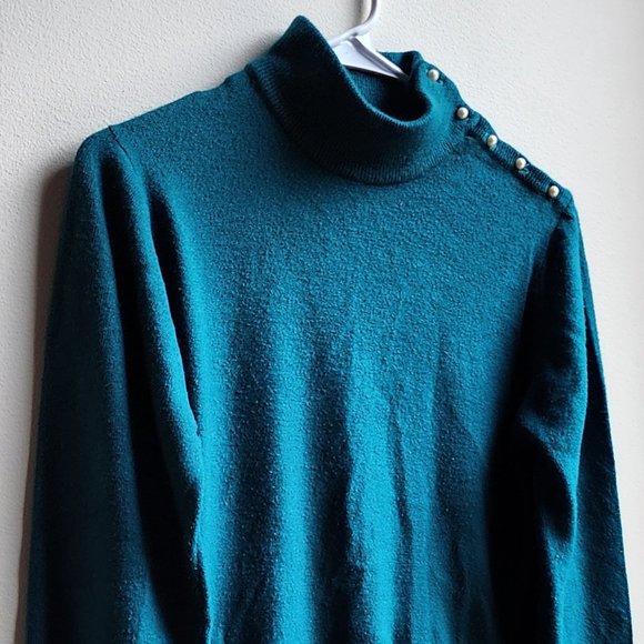 Heathcote Vintage Aqua Mock Neck Pearl Button Sweater Size 38/Large - Picture 4 of 16